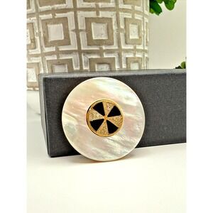 Vintage Mandle Mother-of-Pearl & Rhinestone Brooch – 1950s Goldtone Black Enamel